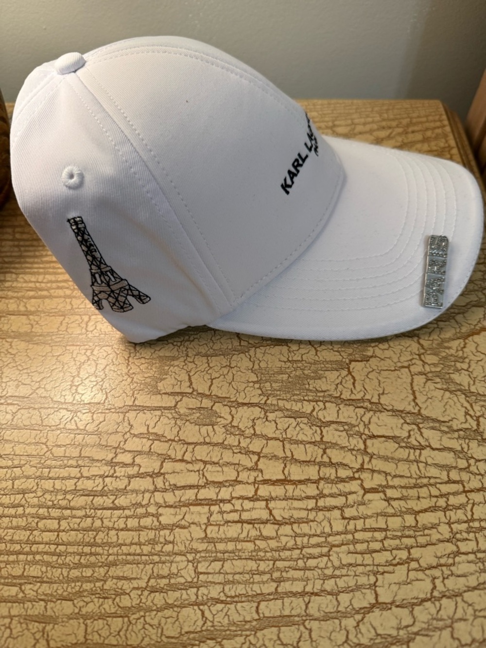 Karl Lagerfeld White Baseball Cap with Black Logo and Metal Pins - Picture 3 of 4